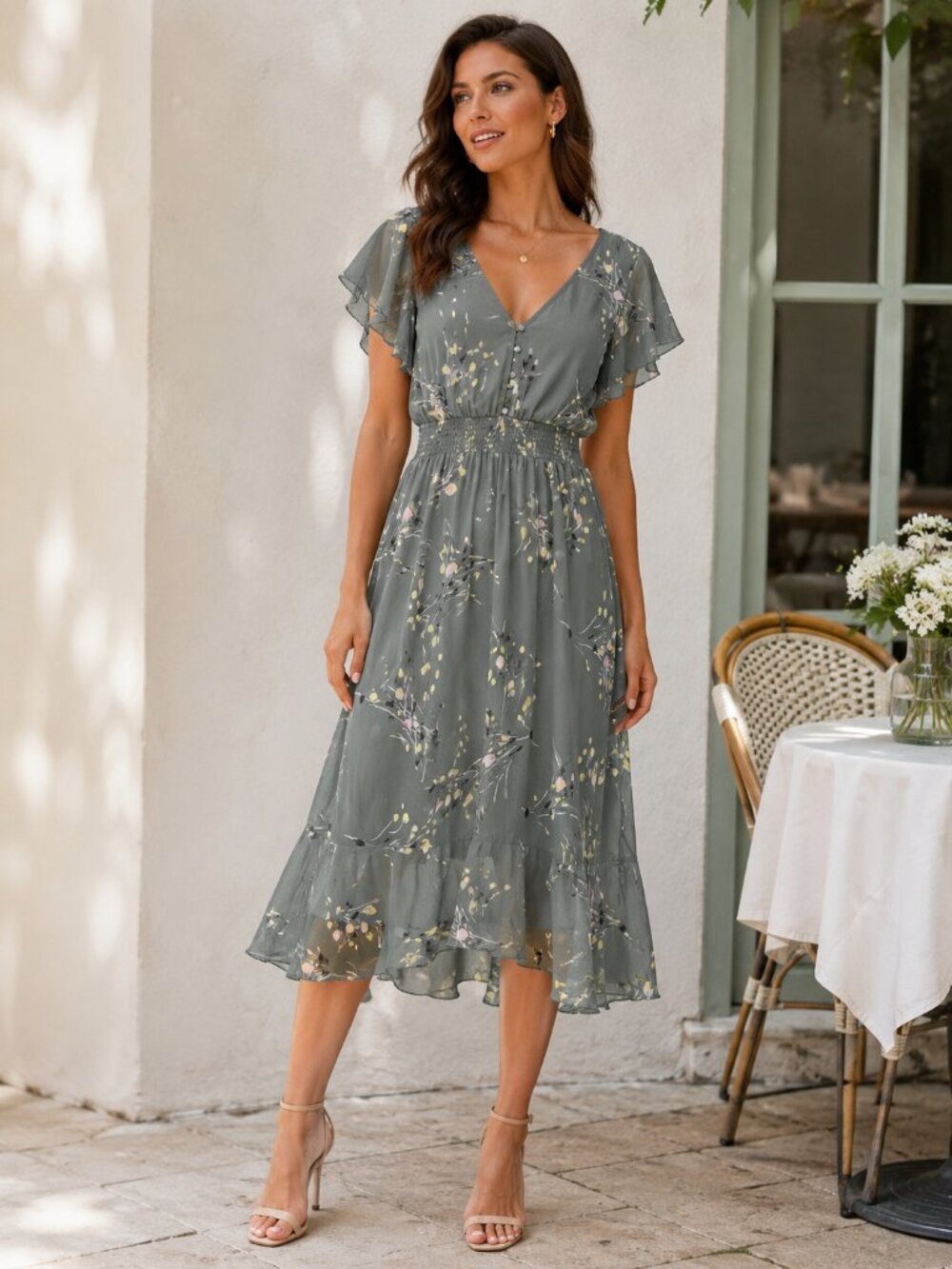 NWT White House Black Market Flutter Sleeve Chiffon Midi Dress Floral Large
